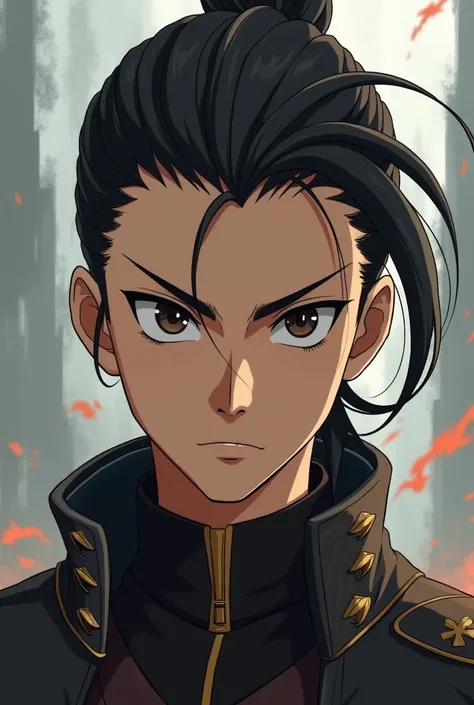 Young man character with hair slicked back, dark brown eyes in demon slayer anime style