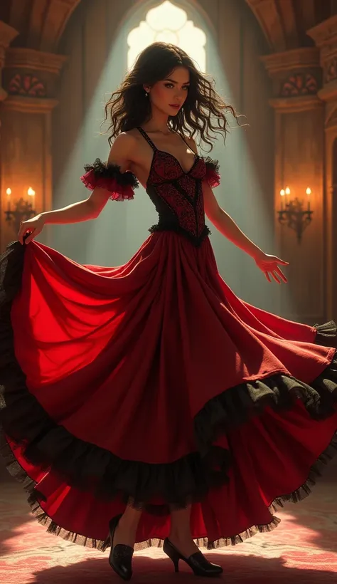 A beautiful woman with medium-length chestnut-black hair, Latin American heritage, a flawless oval face, passionate gaze, sweet smile, tall and graceful dancers figure, a fantasy-realism style flamenco-inspired dress, flowing skirt, alternating red and bla...