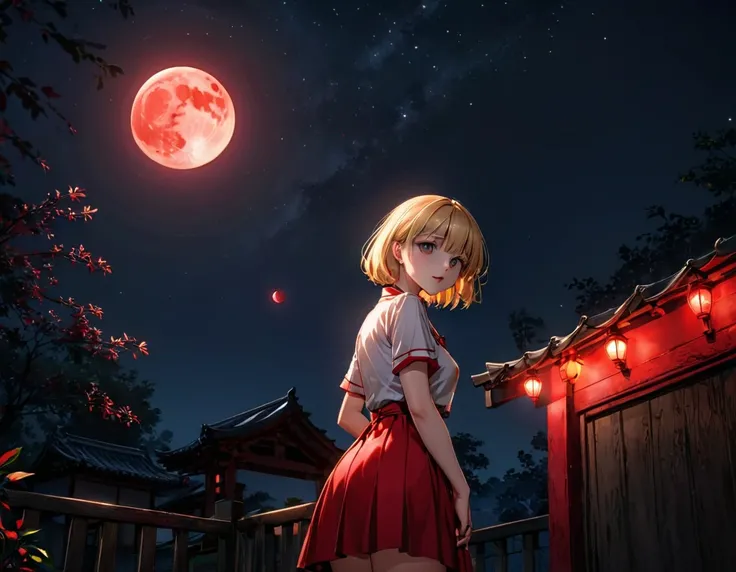 (masterpiece), best quality, highres, 4k, 8k, cinematic lighting, amazing quality, amazing shading, soft lighting, blood-red moon in dark black night sky, extremely detailed, Illustration, official artwork, anime style, wallpaper, official art, 35mm, analo...