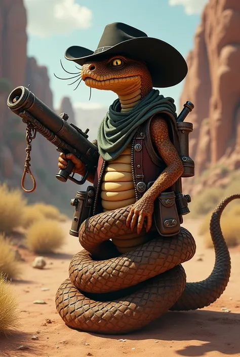 A brown rattlesnake wearing a black hat, wrapped in ammunition holsters, and on the tip of its tail is a minigun. Use Jake Rattlesnake from the animated film Rango as a reference. I would like the art in a fantasy RPG style, set in the old west.