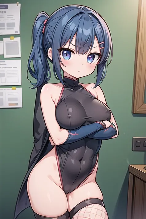 1 Cute naughty Assassin girl, Pastel colors hair, medium breasts, (Thighs, fishnet pantyhose, ninja costume, Shinobi costume), short hair, (dark blue hair:1.2), (naked:1.3), (forehead:1.2, bangs pinned back, asymmetrical bangs, hairclip, side ponytail:1,2)...