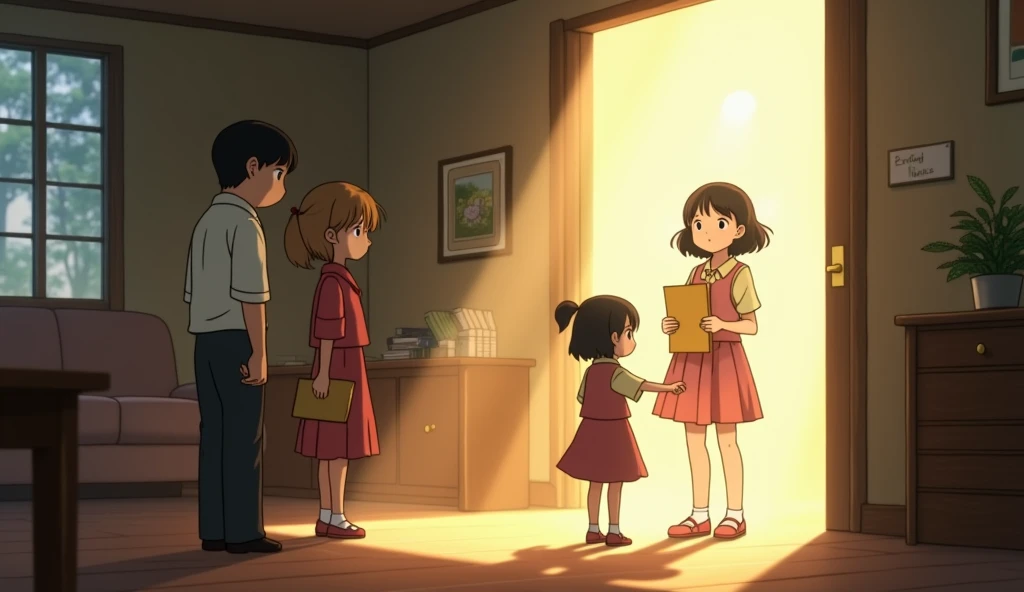 An emotional Studio Ghibli scene focusing on Clara, the eldest daughter. Clara is shown with a look of quiet determination and sadness, holding school papers or certificates that represent her achievements. The parents, standing nearby, give her a brief no...