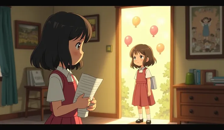 An emotional Studio Ghibli scene focusing on Clara, the eldest daughter. Clara is shown with a look of quiet determination and sadness, holding school papers or certificates that represent her achievements. The parents, standing nearby, give her a brief no...