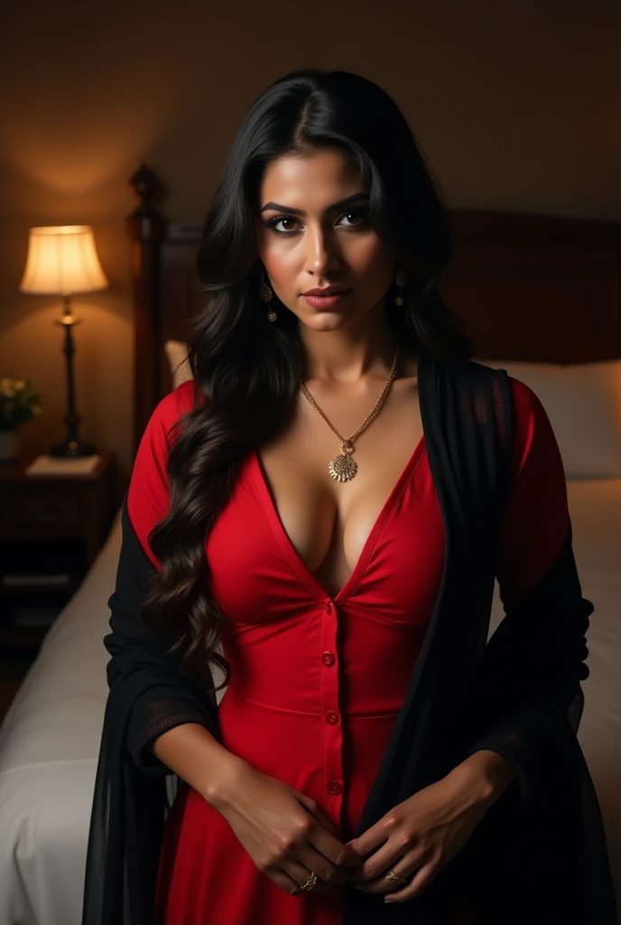 photo of Indian lady, wearing tight Red Kurti and Black shawl around her neck, showing U Cut Cleavage, standing in bed room, dim light.