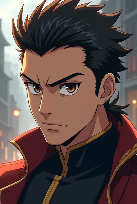 Young man character with hair slicked back, dark brown eyes in demon slayer anime style