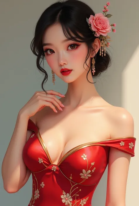 1girl,upper body,fashi-girl,china dress,chinese clothes,hair flower,(masterpiece:1.4),(best quality:1.4),(shiny skin),red lips,looking at viewer,large breasts,parted lips