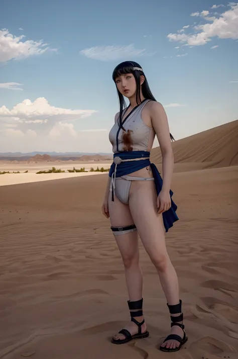 Hyper Realistic hinata standing still with bayakugan and destroyed desert in background