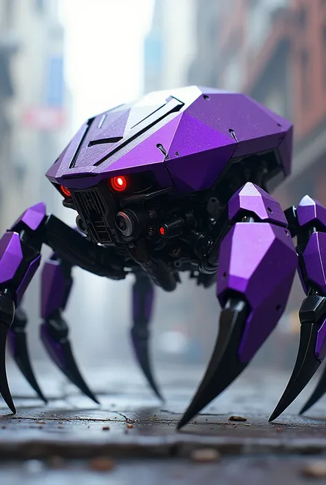 a highly detailed hexagonal prism robot with crab-like legs, red eyes, sharp teeth, a purple crab-shaped body, floating and flying
