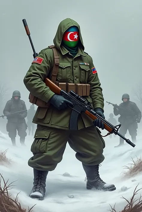 A Countryhuman style face with the flag of the Azerbaijan Legion, founded in Germany during the Second World War and the body fights against the Soviets Countryhuman on a snowy front