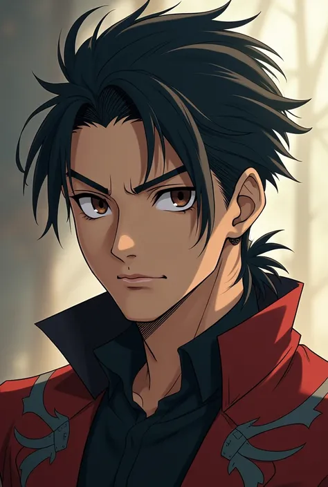 Young man character with hair slicked back, dark brown eyes in demon slayer anime style