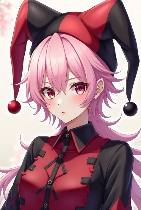 Style anime, young male, man, pale pink hair, red and black jester hat, yeux rose, Sex, gay, Semen, Kale, bite