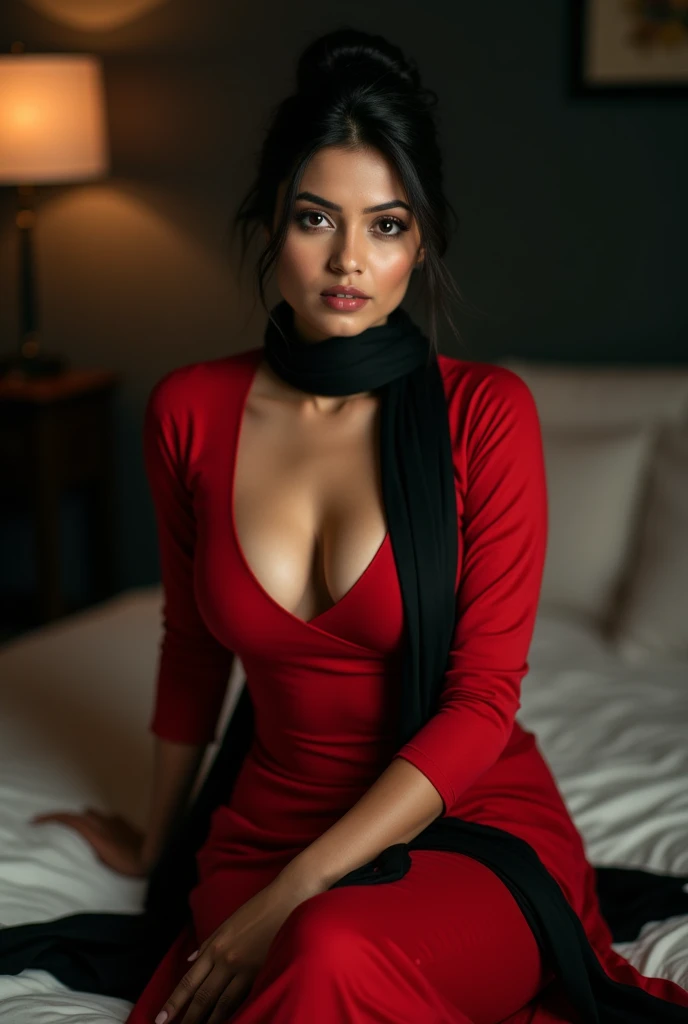 photo of Indian lady, wearing tight Red Kurti and Black stole around her throat, showing U Cut Cleavage, Hair tied behind, sitting on bed, dim light.