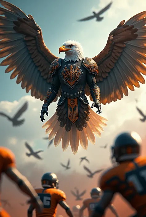 An eagle in a black-orange warrior suit, In the sky and below appear football teams wanting to divert the eagle 