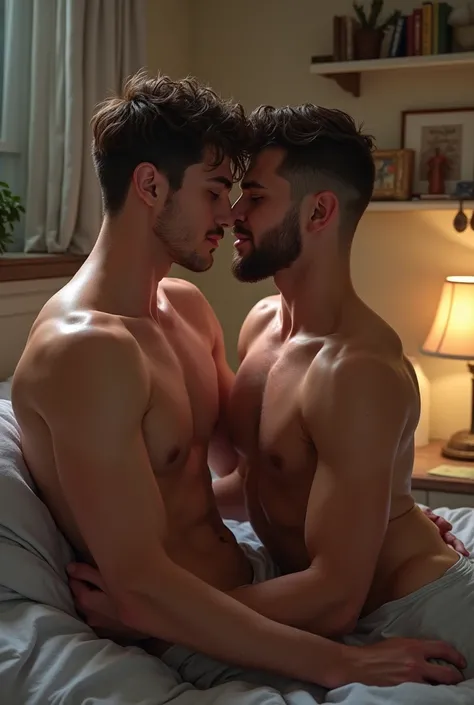 master piece , gay couple , two 1 men , beautiful faces , skinny bodies , short facial hair , anal sex , bed , college bedroom