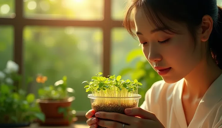 a beautiful woman growing bean sprouts, a glass jar with bean sprouts, close up of hands planting bean seeds, fresh green bean sprouts, backlit bean sprouts, bean sprout cultivation, detailed close up of bean sprouts, warm lighting, soft focus, (best quali...