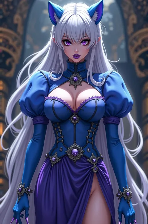 don_dragonballSuper_in wires_ownwaifu, 
1 girl, blue fur, White hair, hair pulled back, Rabo off cavalo alto, purples eyes, colored fur, foreigner, long hair, very long hair, lipstick, make up, purple lips, breastsout, large breastsout, eyelash,  jewerly, ...