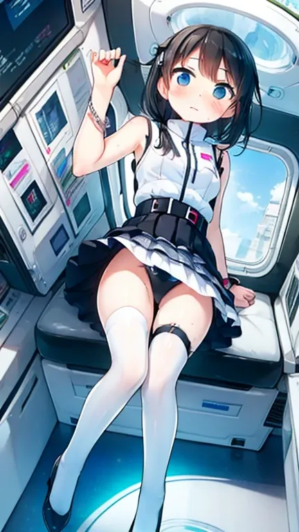 (Highest quality), (masterpiece), 1080P, High resolution, 4K, 8k, Inside the space station、Futuristic room、Thigh straps, Shooting from directly below, The woman on top of me, 白いSweat, Covered , Sweat, Woman looking down, Skirt swimsuit, Thigh-high socks, T...