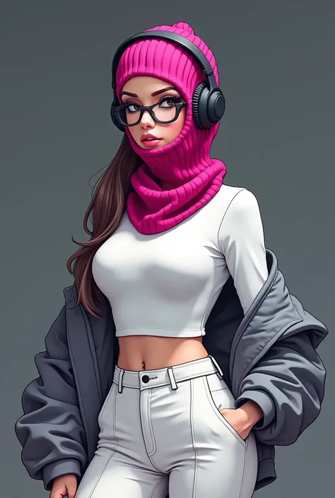 Female character white blouse white pants headphones dark pink kitten balaclava gray jacket black glasses animated 