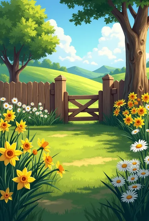 A realistic picture of a tranquil countryside yard, a lively mix of daffodils, sunflowers, and daisies brings vibrant color to the landscape. The daffodils bright yellow trumpets and the sunflowers tall, golden heads contrast beautifully with the white, ch...