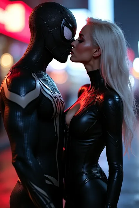 A stunning portrait of muscular Spider-Man in his black suit and white suit, symbiote suit, kissing, French kiss, passionate kiss, Felicia Hardy as the marvel character Black Cat, young and beautiful, hyper realistic, real portrait, backlit, exquisite feat...