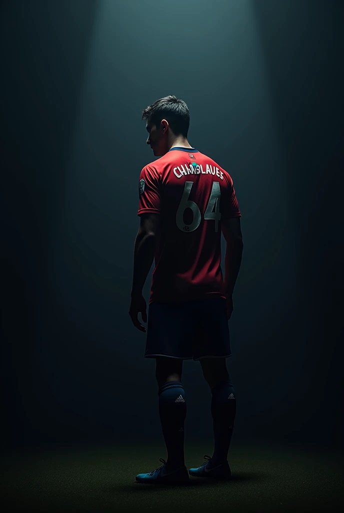 Create an image of a soccer player with his back turned against a dark background where only the player&#39;s back can be seen and he is looking backwards. 