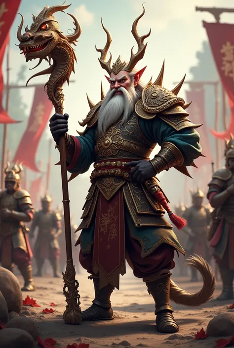 (Black Myth Wukong), (Black Myth Wukong) in ornate armor strikes a funny pose while leaning on his ornate mystical staff, enemy dragon army camp (bandits in dragon armor)
