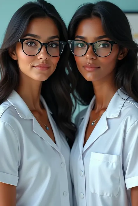 2 dark-skinned Colombian woman in a DENTIST uniform, tez morena, square face, round and a little big nose, almond-shaped black eyes, medium black hair, short, straight eyebrows and round, thin glasses 