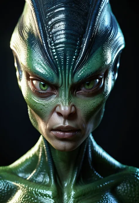 portrait of alien woman, angry face , strong texture skin, dramatic side light