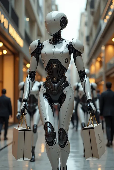 Image of a male AI robot going shopping for an expensive brand like Louis Vuitton, with his security robots behind him, since it is a multi-million dollar robot. Must have expensive shopping bags  