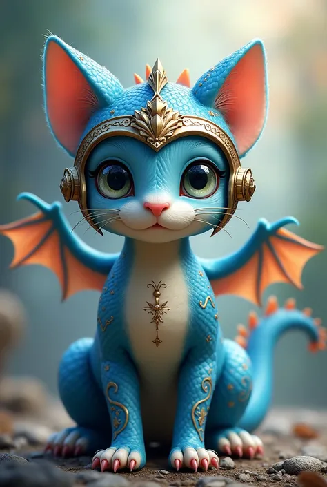 Create a cute cat blue dragon with tatoos helmet