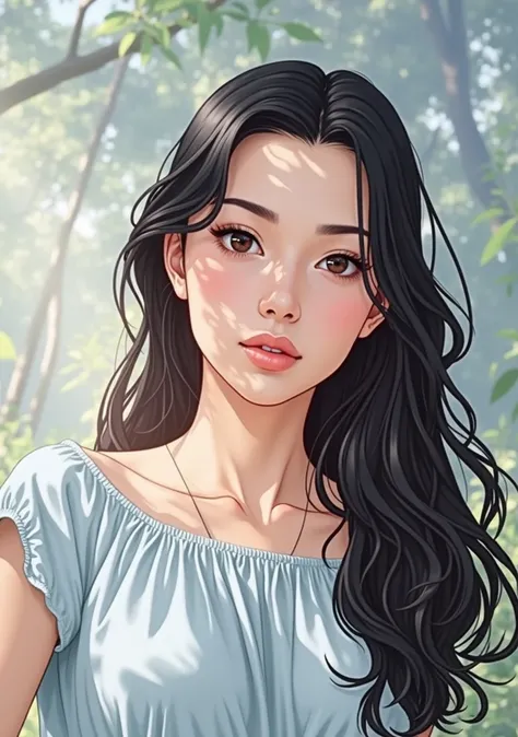 best quality, masterpiece, highly detailed, anime style, perfect anatomy
1 Brazilian woman, alone, long black hair, white skin, looking at the viewer, in a forest, mid shot