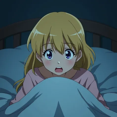 a  with blond hair woke up in the middle of the night and watches her mom and dad having sex under the blanket naked in anime style