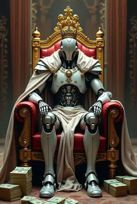 Image of a robot sitting on his throne with a King&#39;s crown with lots of money and bundles of money on the floor with an intimidating look is an artificial intelligence robot king