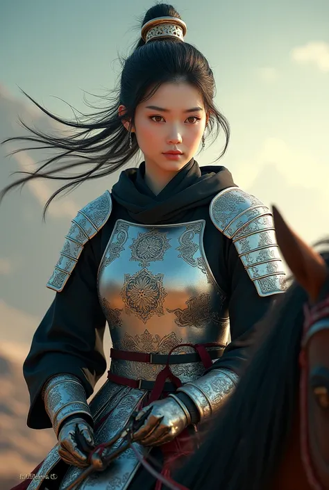 (masterpiece, best quality, beauty, best ratio, best shadoes) uhd,  china female kungfu, korean beauty like tae yon, her face and whole body visible, shining red eyes,, windblown short hair, wear black silk hoody, silver general  full armor suit, left hand...