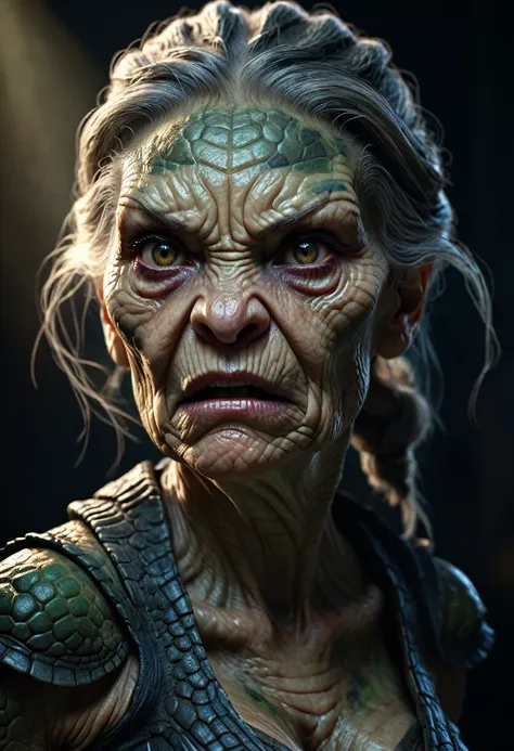 a portrait of an old reptilian woman, angry face, strong scale texture dull skin, dramatic backlighting, intricate details, deta...