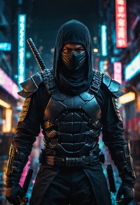 a glamor shot of a ninja. ninja has 1 single sword behind his back. cyberpunk, surrounded by neon city lights, realistic, realis...