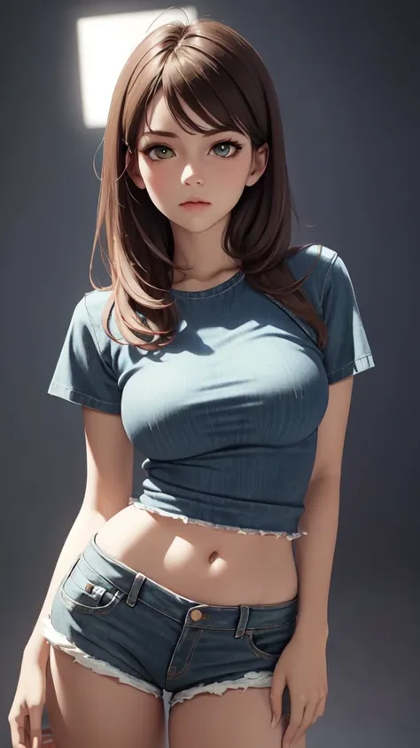 (ultra realistic,32K,raw photo:1.1),(very detailed skin:1.1), 8k hd, DSLR, high quality, film grain, (bright and shiny translucent clothing:1.1), 1 girl,Brown hair, by the wide, Horse tail (green eyes:0.9), Pink shirt, denim shorts, medium chest , (Upper p...