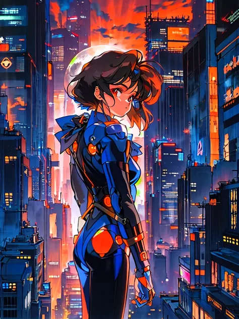 Kenichi Sonoda, retro art-style, 90s Japanese Anime Style, "bubblegum crisis", Sci-fi, Cyberpunk, Neon, Dystopia, (Amid the neon-soaked skyline of towering skyscrapers in mega Tokyo, 20-year-old anime beauty Pris stands alone on a gleaming skyscraper spire...