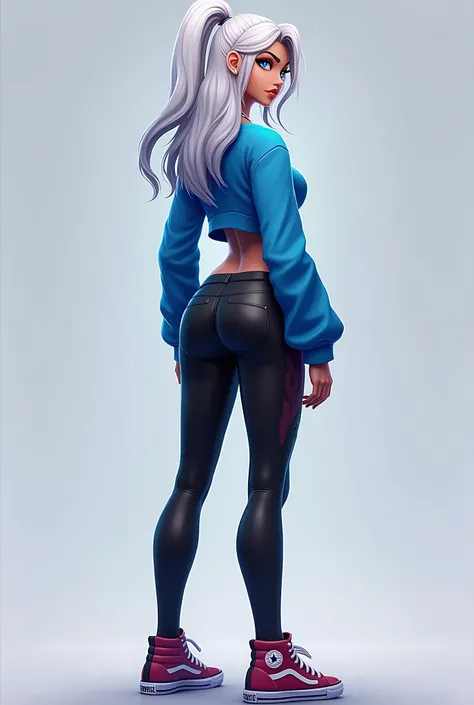 fortnite style girl, long white hair, Broad Hips, blue colored eyes, wearing glasses, allstar shoes, sexy blue short sweatshirt black leggings rear full body
