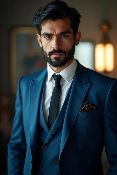 A young man with a black beard,wearing blue suit,black tine dots on the suit,a white shirt and Black tie,Backgroug a lighting 