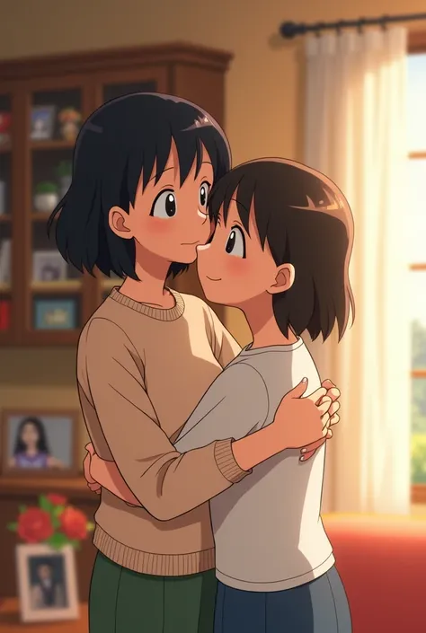 Nobita and shizuka’s mother hugging and kissing in romantic manner