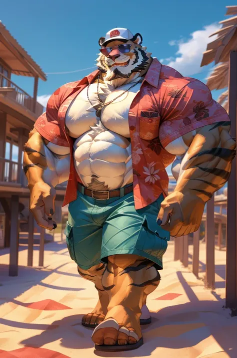 1boy, 1man, solo, a (furry tiger) walking, (face, detailed face, bearded, white beard, thick mustache), (sunglasses), baseball hat, beach, extremely huge muscular, massive muscular , sixpack , (Hawaiian shirts, cargo shorts), well-muscled old man. ((extrem...