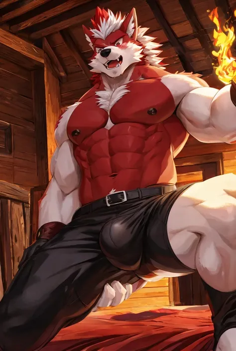 personal, High resolution, Climb into bed, blush, spike, Showing fangs, high quality, high detail, very short red and white hair, hairy, Werewolf, young people,Crotch bulge, strong , Wooden house interior background at dusk,Ultra high quality ,Black Gloves...