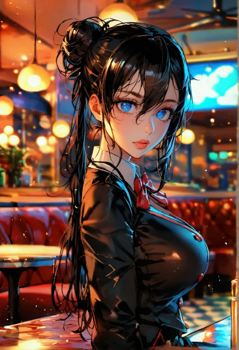 masterpiece),"highest quality",, "detailed features" , "detailed eyes", "1girl" , "feminine build" , "blue eyes" , "diner uniform" , "full body, "dark diner background" , "lips slightly parted" , "long black hair tied in messy bun", "Apathetic and tired" ,...