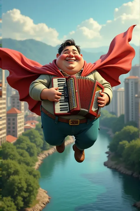 Chubby guy playing the accordion flying with a cape over the Tiete River
