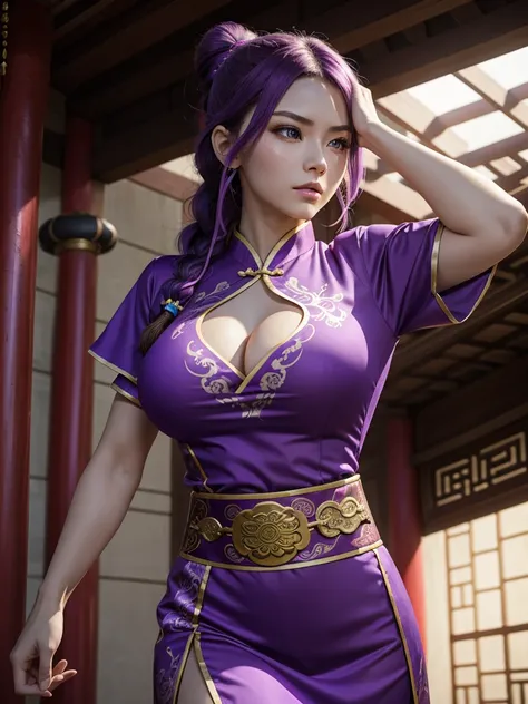 Beautiful Caucasian woman. Fitness body. Big round breasts. Just a woman. Alone. Western woman. Long hair with 1 braid. Purple hair. Bright purple eyes. Woman cosplaying as a kung fu fighter. She is wearing a traditional Chinese cheongsan dress in purple w...