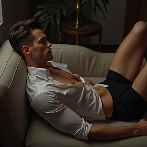 makes image of a white man, aged 35, model type, with short dark hair, with blue eyes, wearing a shirt buttoned up to the neck, posing sideways, wearing black boxers, lying on a sofa