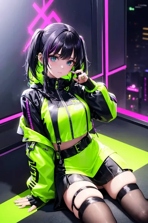 a girl in a neon yellow jacket and black skirt is taking a photo, cyberpunk 2077 jacket, cyber future jacket, bright cyberpunk g...