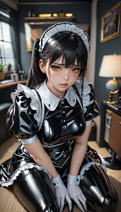 (8k, RAW Photos, Highest quality, masterpiece: 1.2), Super detailed, Super Resolution, (Genuine, Genuine photos: 1.37), Plain black latex maid costume, latex stockings, Shoulder-length latex globe