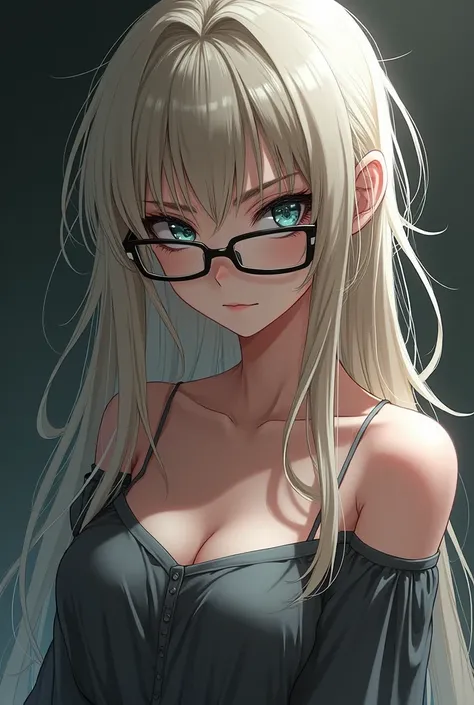 An anime lady with long messy pale blonde hair with black roots, her eyes are black and sharp and she wears recrangular glasses and a gray dress